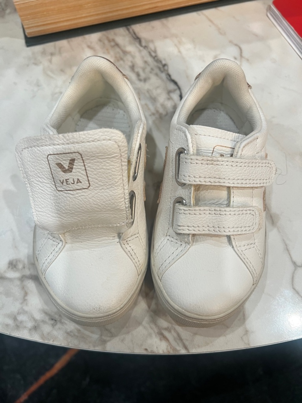 Veja Kids White Leather Velcro Sneakers with Beige Logo